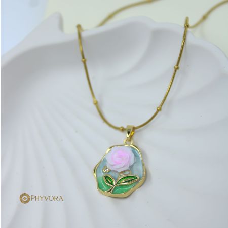 Enamel Rose Blossom Pendant Necklace